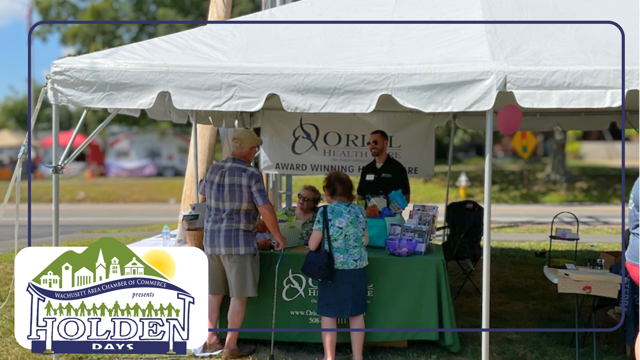 Oriol Home Health staff greet community members at the Oriol Health Care booth during Holden Days 2025 on Main Street in Holden, MA, sharing resources and highlighting “Our family taking care of yours.”
