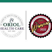 Side-by-side logos: Oriol Health Care’s circular logo with “60 Years of Health Care Excellence – Our family taking care of yours” and the 2025 Best of Your Hometown Winner badge in red, black, and gold. Caption: Oriol Health Care shines in the Best of Your Hometown Awards 2025.