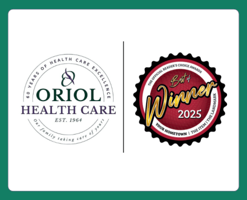 Side-by-side logos: Oriol Health Care’s circular logo with “60 Years of Health Care Excellence – Our family taking care of yours” and the 2025 Best of Your Hometown Winner badge in red, black, and gold. Caption: Oriol Health Care shines in the Best of Your Hometown Awards 2025.