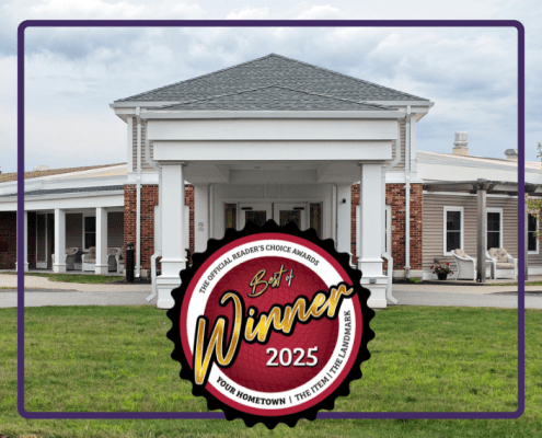 Exterior view of Holden Rehabilitation & Skilled Nursing Center with a “Best of Your Hometown 2025 Winner” award seal overlayed on the photo.