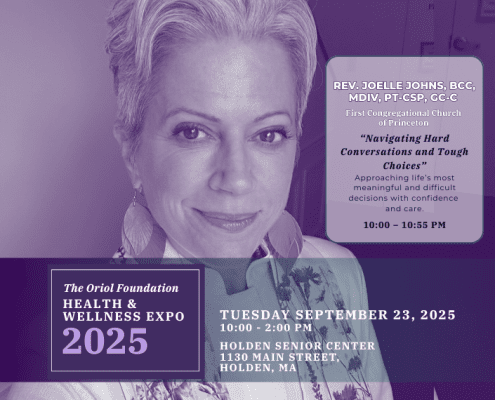 Rev. Joelle Johns, guest speaker at the Oriol Foundation Health & Wellness Expo 2025, presenting ‘Navigating Hard Conversations and Tough Choices’ at the Holden Senior Center.”