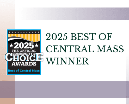 2025 Best of Central Massachusetts Winner badge displayed on a clean white background with subtle purple gradient design accents.