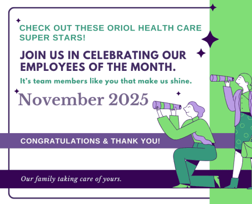 November 2025 Employees of the Month graphic celebrating Oriol Health Care team members with purple and green design