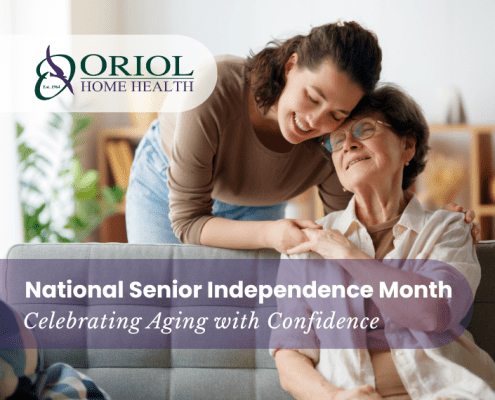 Senior woman relaxing at home with supportive caregiver, representing National Senior Independence Month and aging with confidence supported by Oriol Home Health.