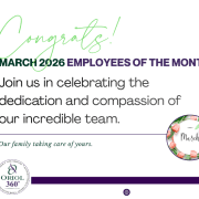 March 2026 Employees of the Month recognition banner at Oriol Health Care celebrating outstanding staff from Holden Rehabilitation, Oakdale Rehabilitation, and the Oriol Health Care Business Office.