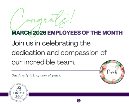 March 2026 Employees of the Month recognition banner at Oriol Health Care celebrating outstanding staff from Holden Rehabilitation, Oakdale Rehabilitation, and the Oriol Health Care Business Office.