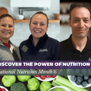 Dining and nutrition team members at Oriol Health Care celebrating National Nutrition Month with healthy foods and personalized care