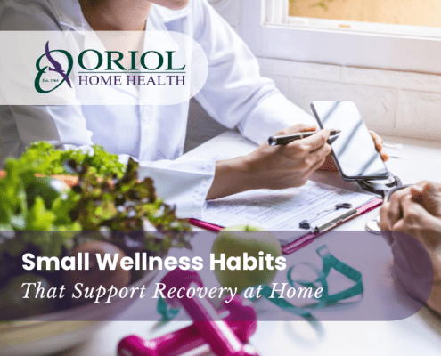 Home health clinician discussing healthy habits and recovery tips with a patient, featuring nutrition and wellness items to support healing at home.