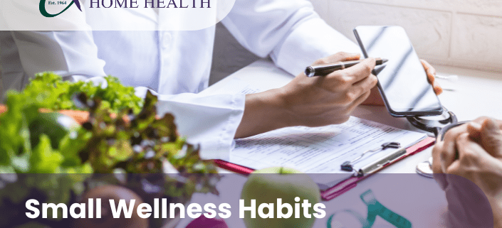 Home health clinician discussing healthy habits and recovery tips with a patient, featuring nutrition and wellness items to support healing at home.