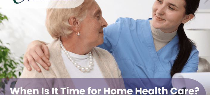 Home health nurse reviewing care plan with patient at home, showing when to start home health care services