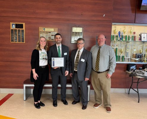 Nathan and David Oriol present the Oriol Foundation Accessibility Grant for Neurological Inclusion to Mountview Middle School leadership in Holden Massachusetts.