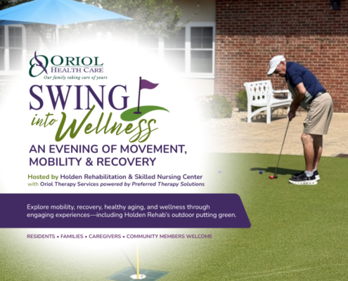 Residents, families, community members, and therapists enjoy the Swing Into Wellness community event in the outdoor courtyard at Holden Rehabilitation & Skilled Nursing Center.