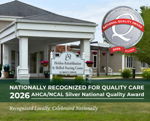 Exterior of Holden Rehabilitation & Skilled Nursing Center with announcement of its 2026 AHCA/NCAL Silver National Quality Award, recognizing excellence in quality care and continuous improvement.