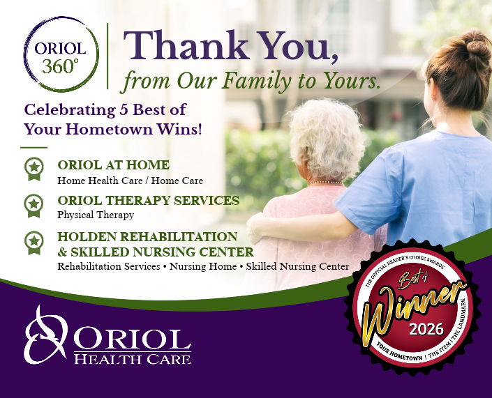 Oriol Health Care celebrates five Best of Your Hometown 2026 wins for Holden Rehabilitation, Oriol at Home and Oriol Therapy Services.