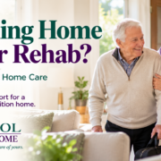 Older adult returning home with a family caregiver, featured in Oriol At Home's guide to private home care after rehab.