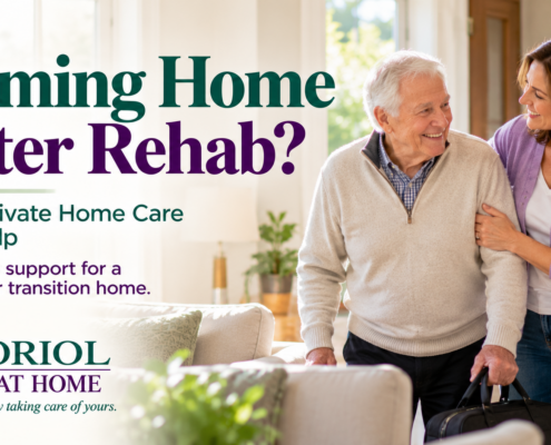 Older adult returning home with a family caregiver, featured in Oriol At Home's guide to private home care after rehab.