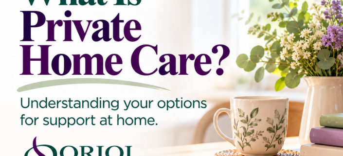 Oriol At Home graphic titled “What Is Private Home Care?” with flowers, a coffee mug, and information about support at home.